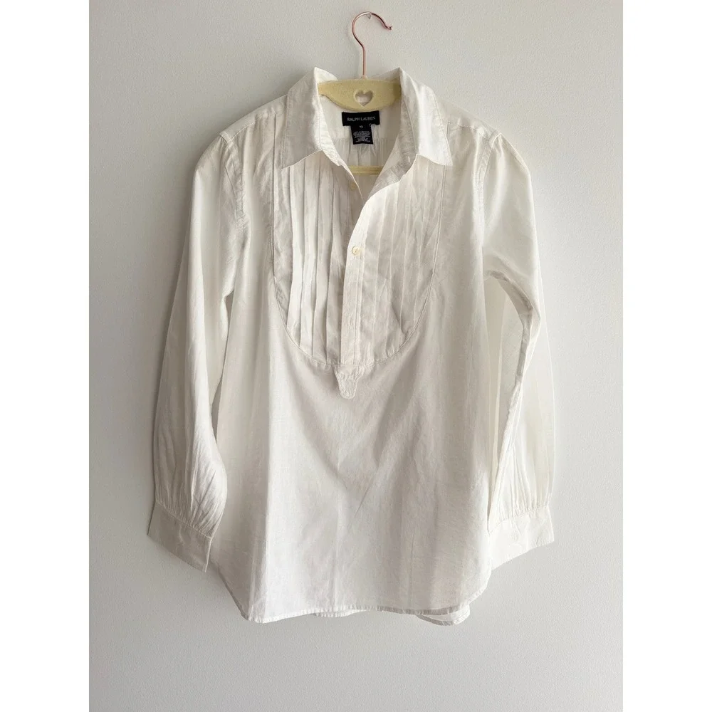 Ralph Lauren Kids White Cotton Tuxedo Pleated Bib Long Sleeve Shirt Size 10